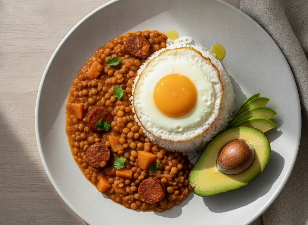 Lentejas con arroz, huevo frito y palta photo