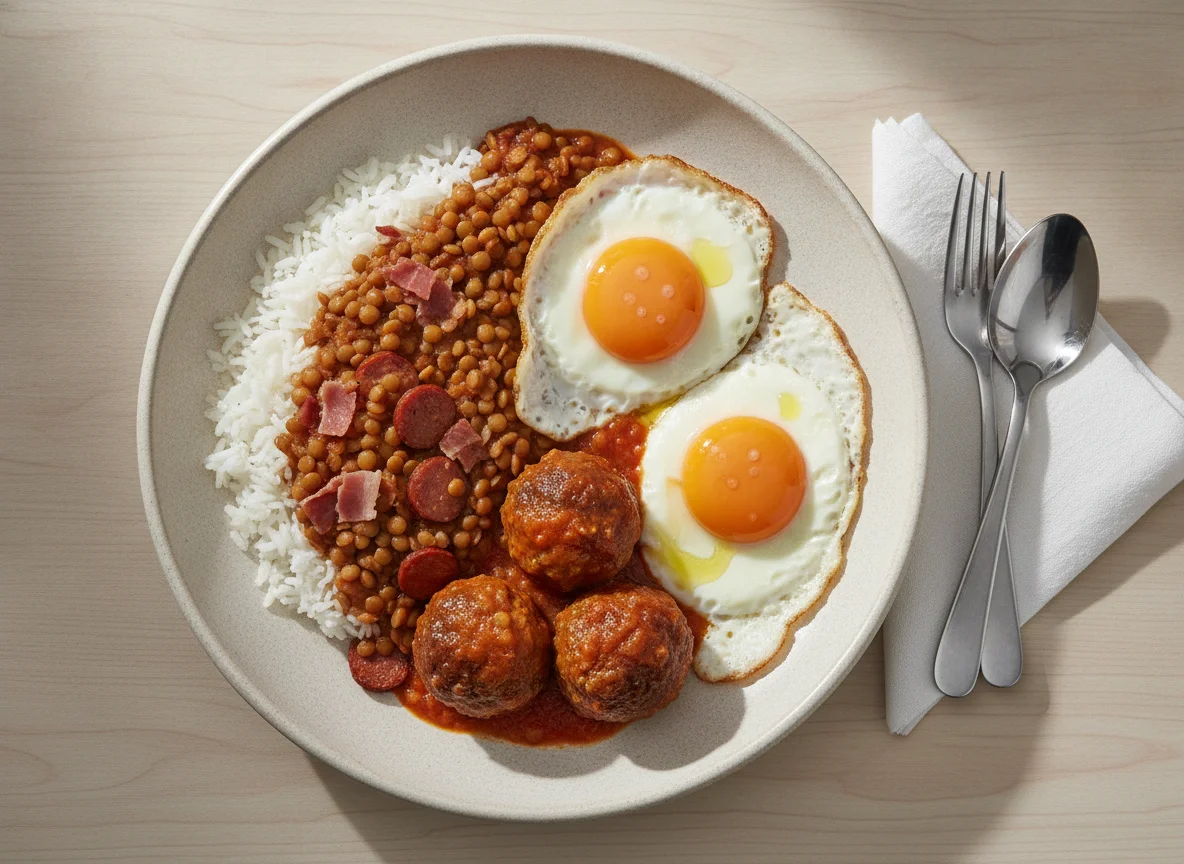 Lentejas con arroz, huevos fritos y albóndigas con tomate photo