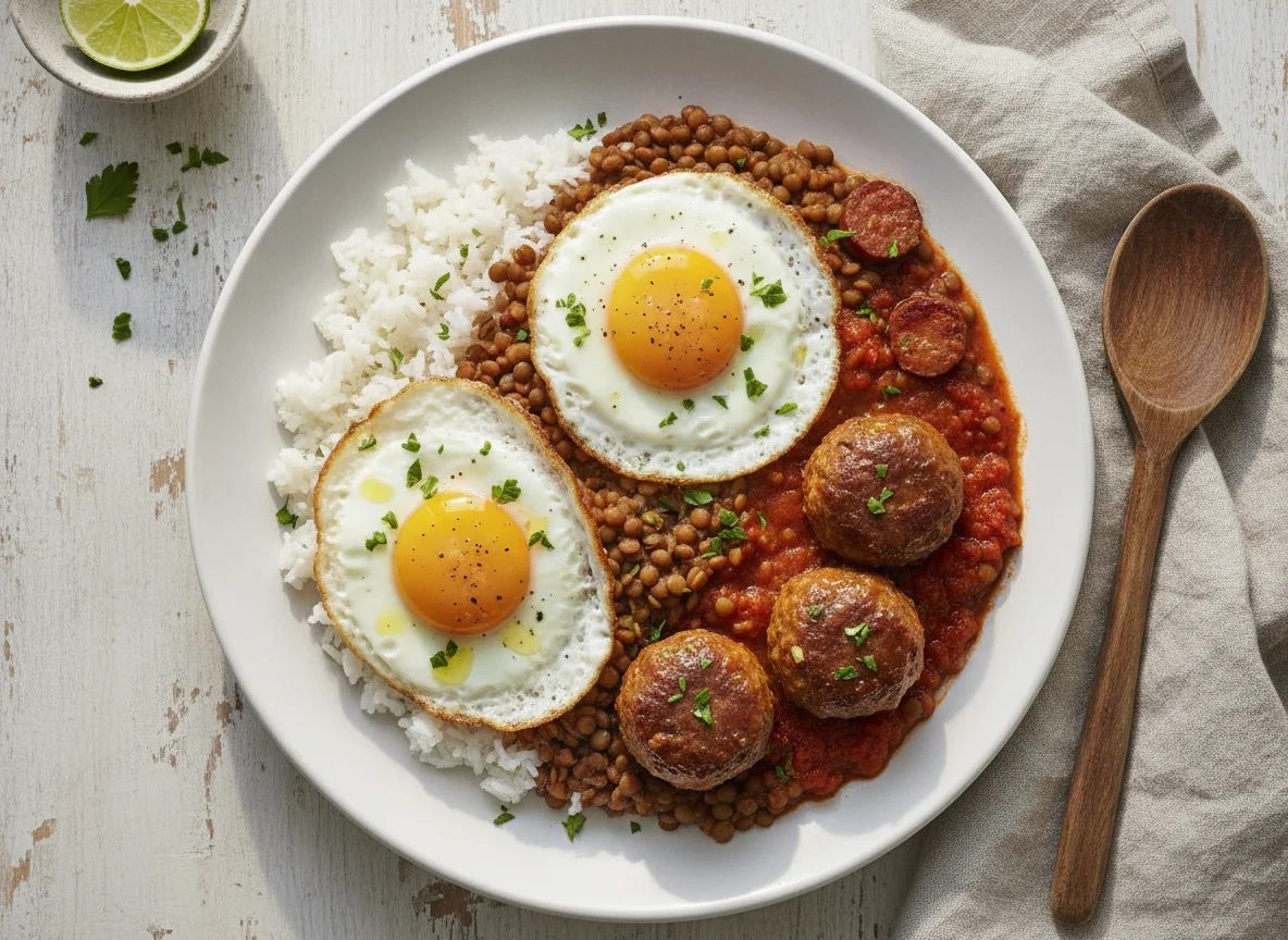 Lentejas con arroz, huevos fritos y albóndigas en salsa photo
