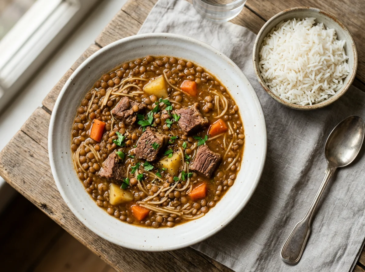 Lentejas con arroz y carne photo