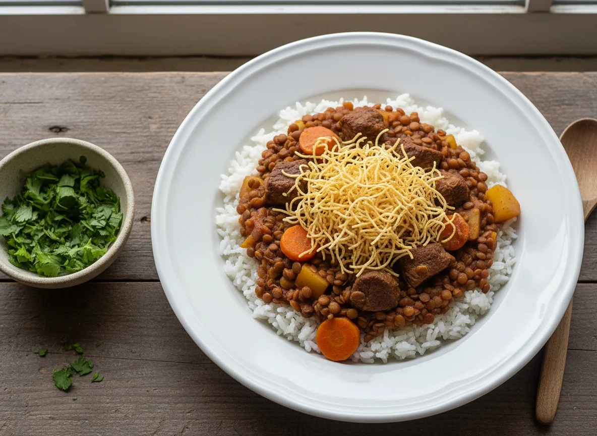 Lentejas con arroz y carne, con fideos de arroz photo