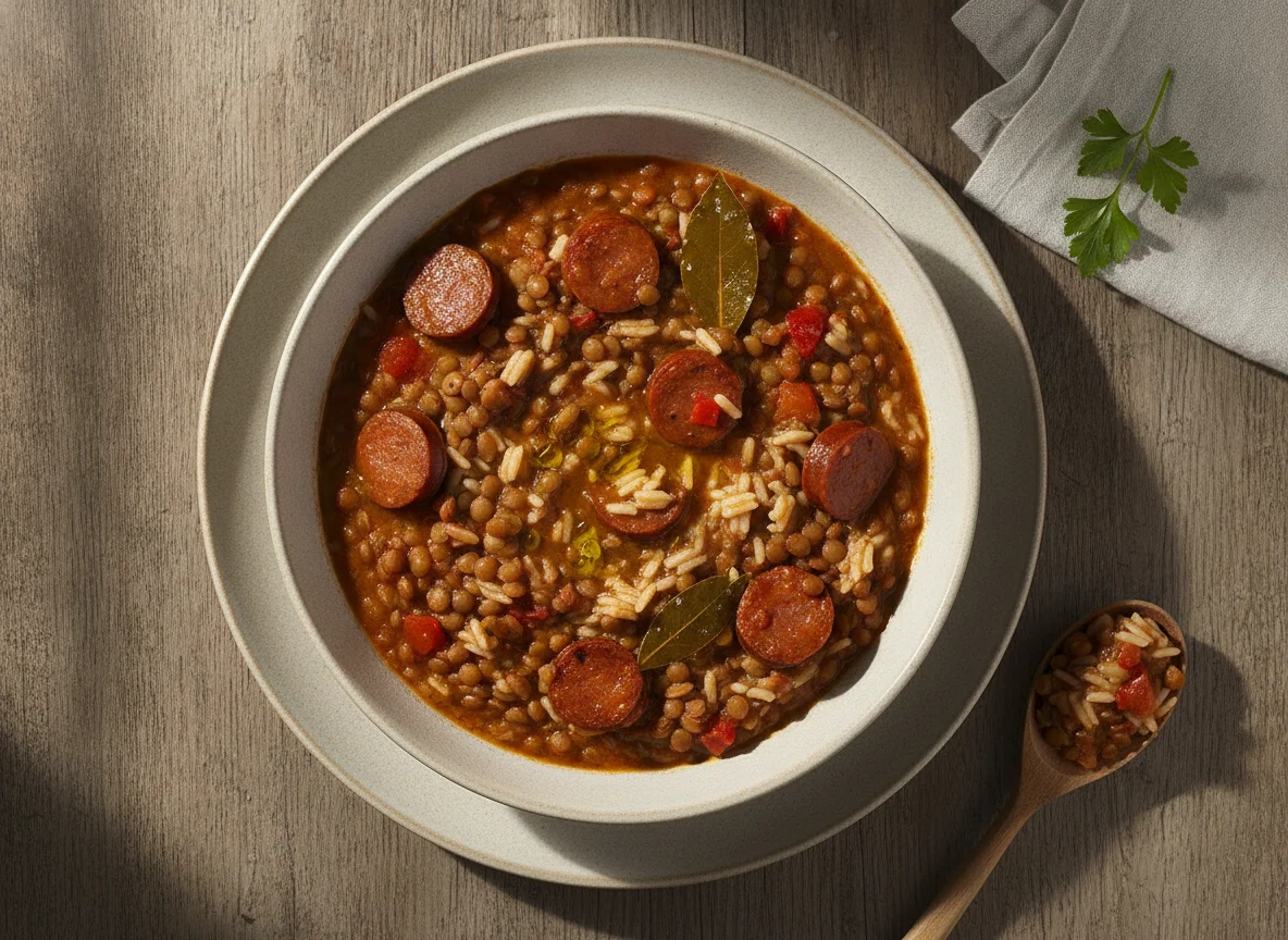 Lentejas con arroz y chorizo photo