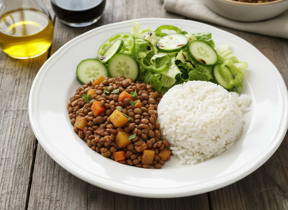 Lentejas con arroz y ensalada photo