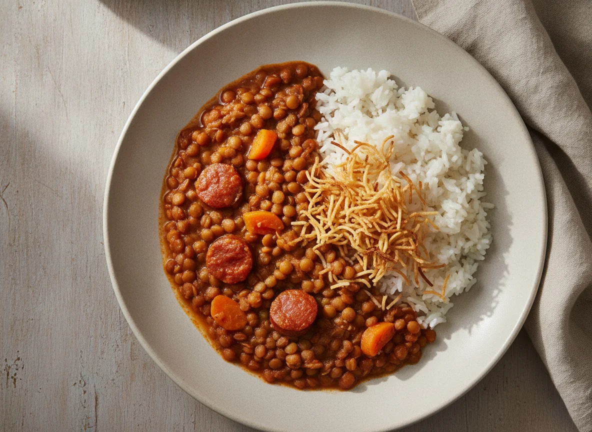 Lentejas con arroz y fideos photo