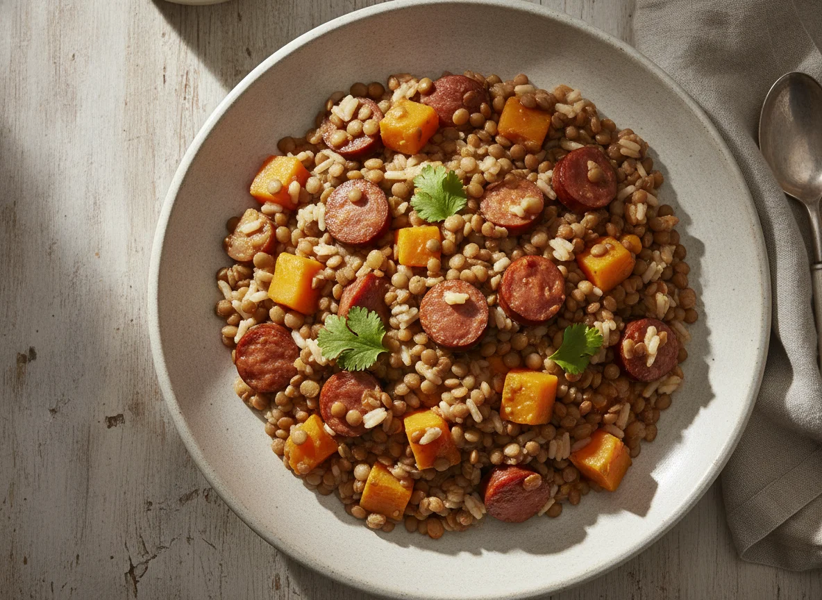 Lentejas con arroz y longaniza photo