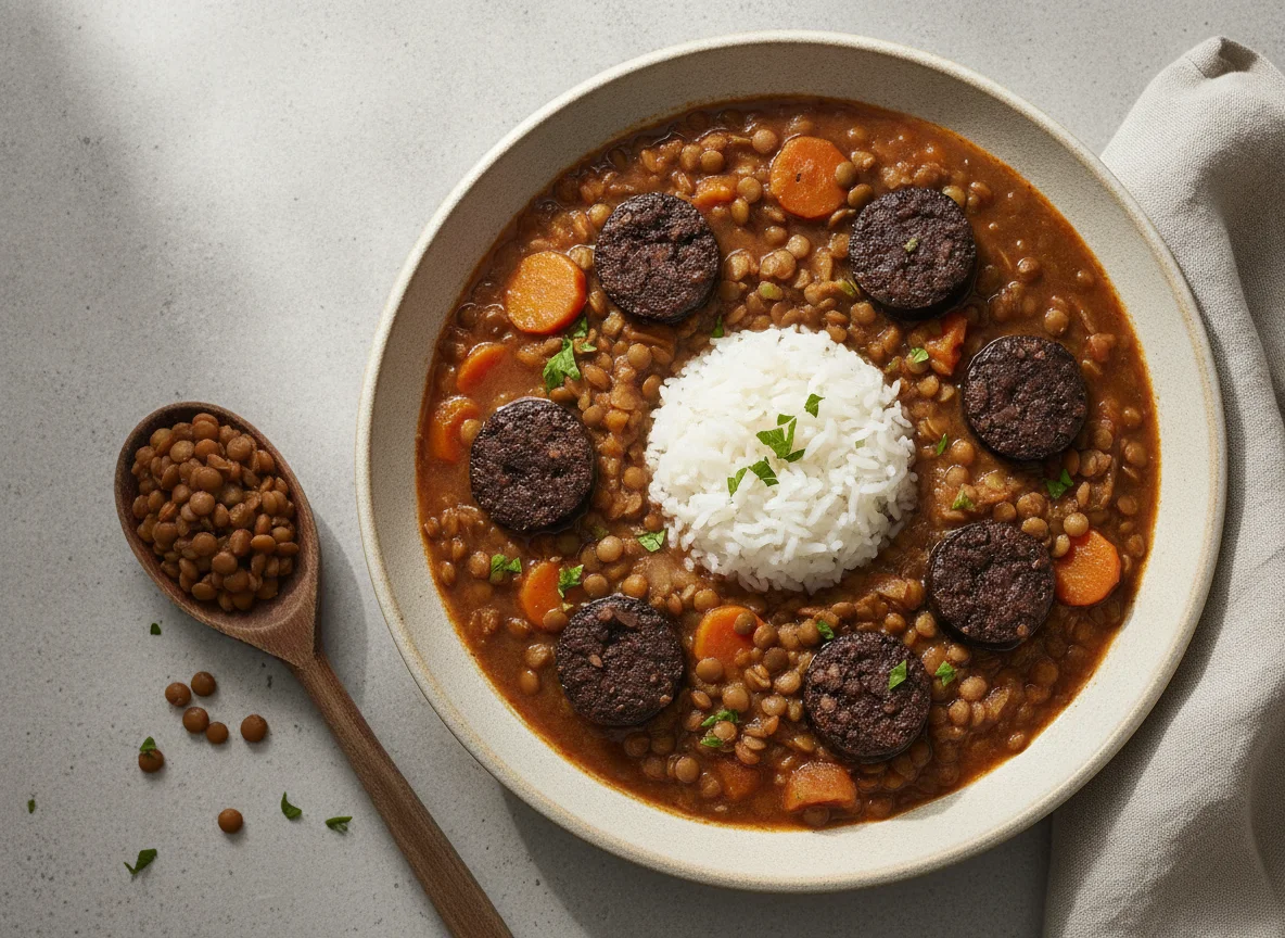 Lentejas con arroz y morcilla photo