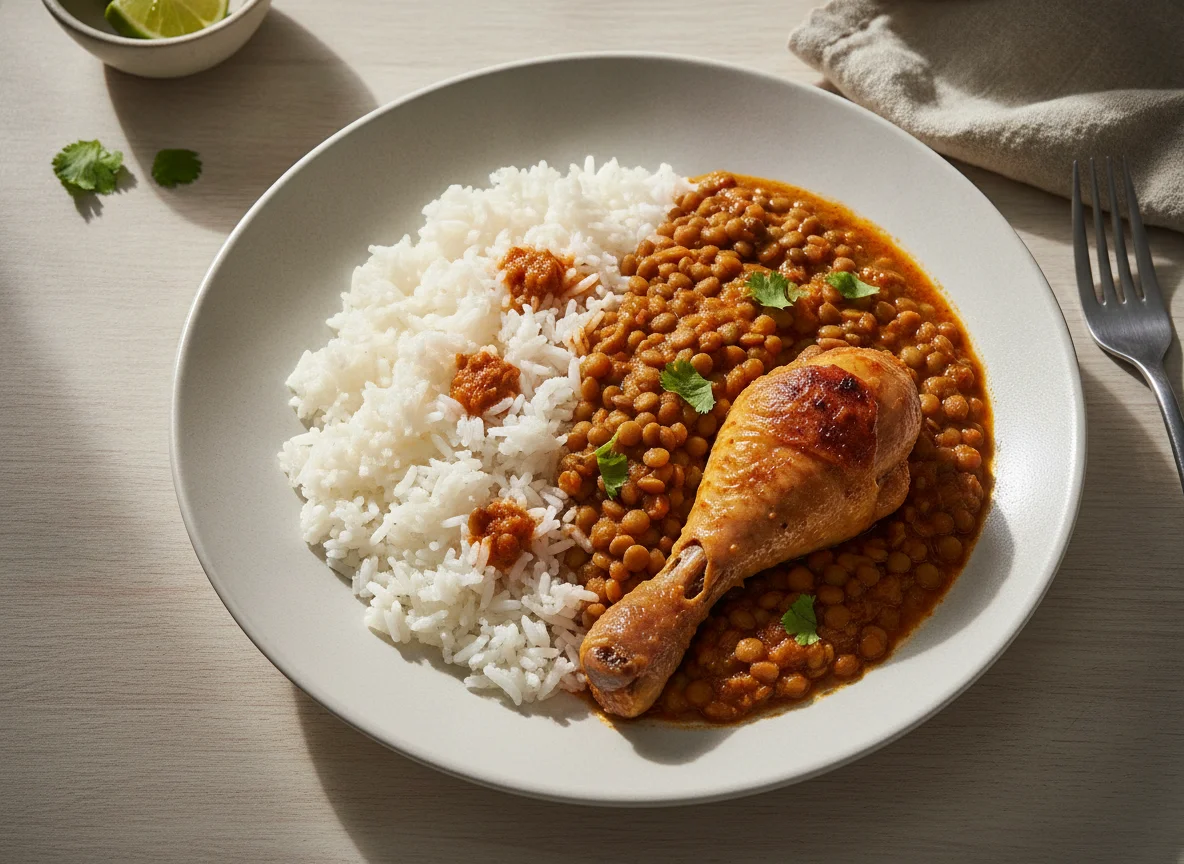 Lentejas con arroz y pollo photo