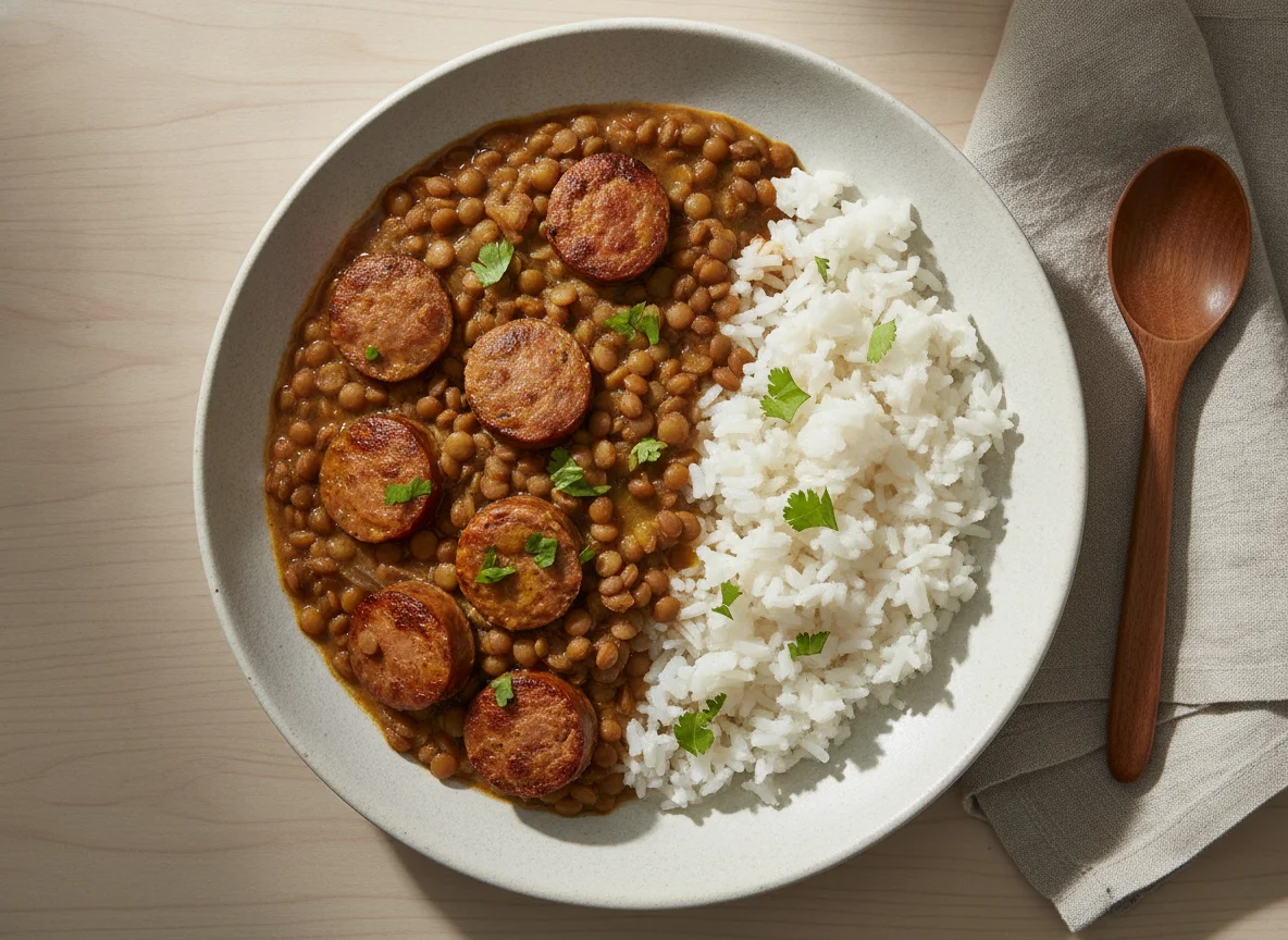 Lentejas con arroz y salchichas photo