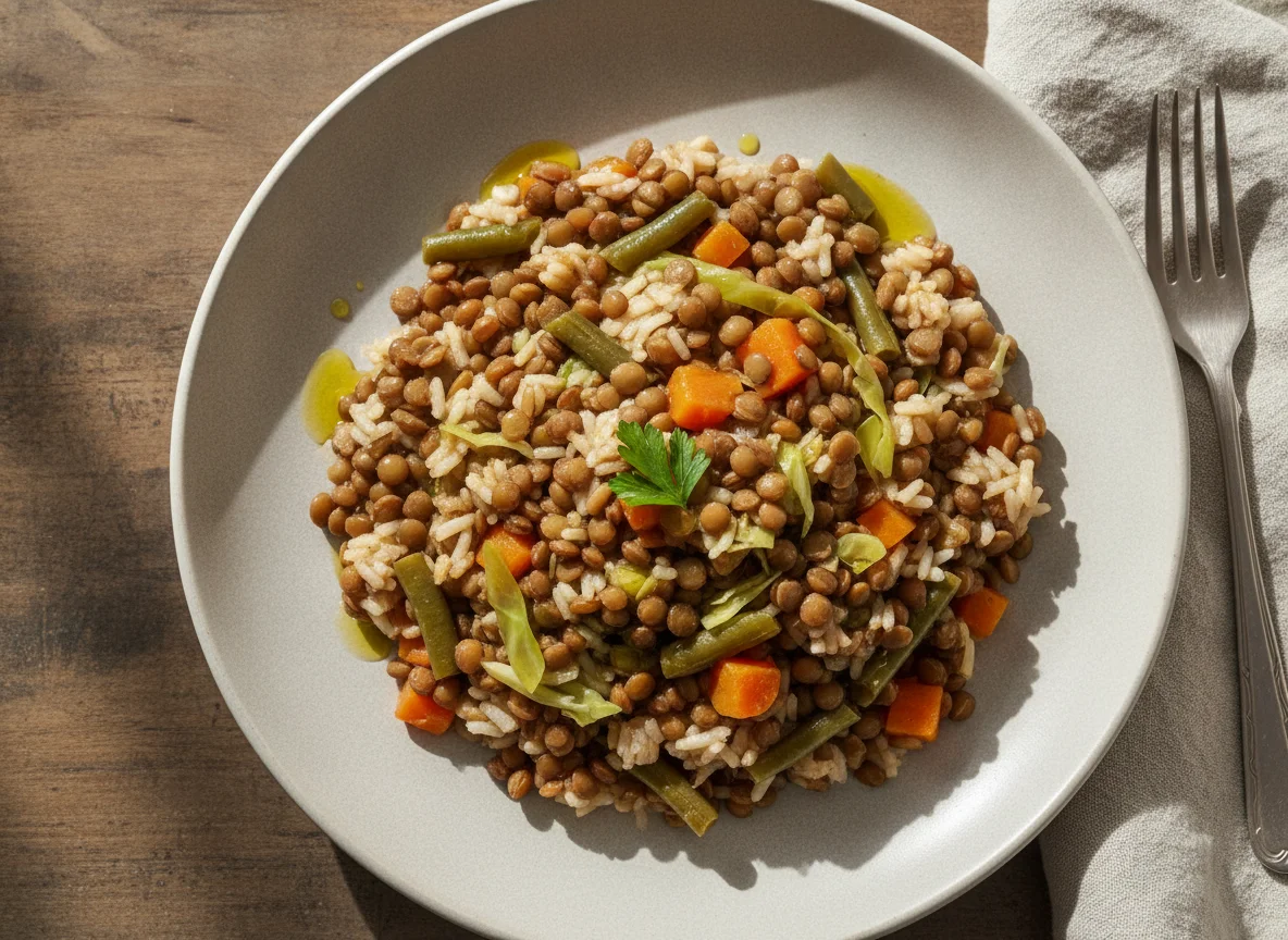 Lentejas con arroz y verduras photo