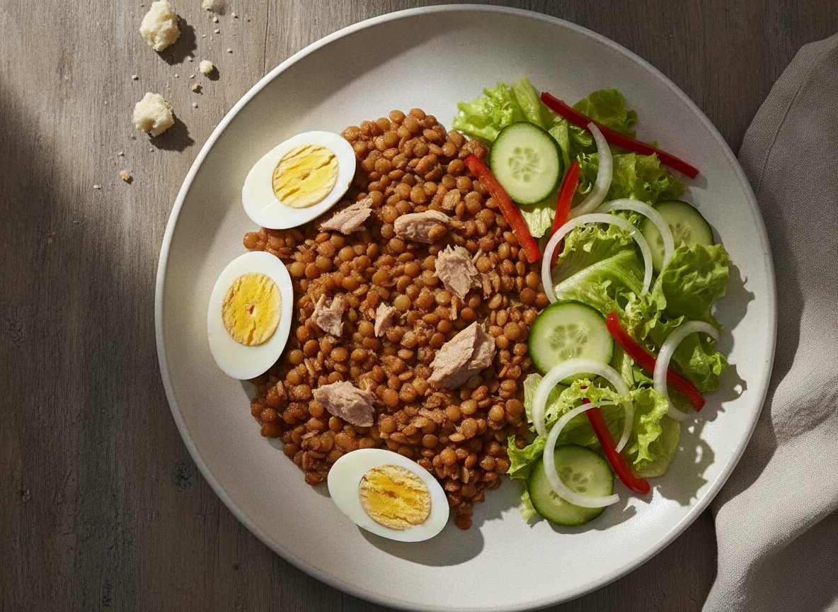 Lentejas con atún, huevo cocido y ensalada photo