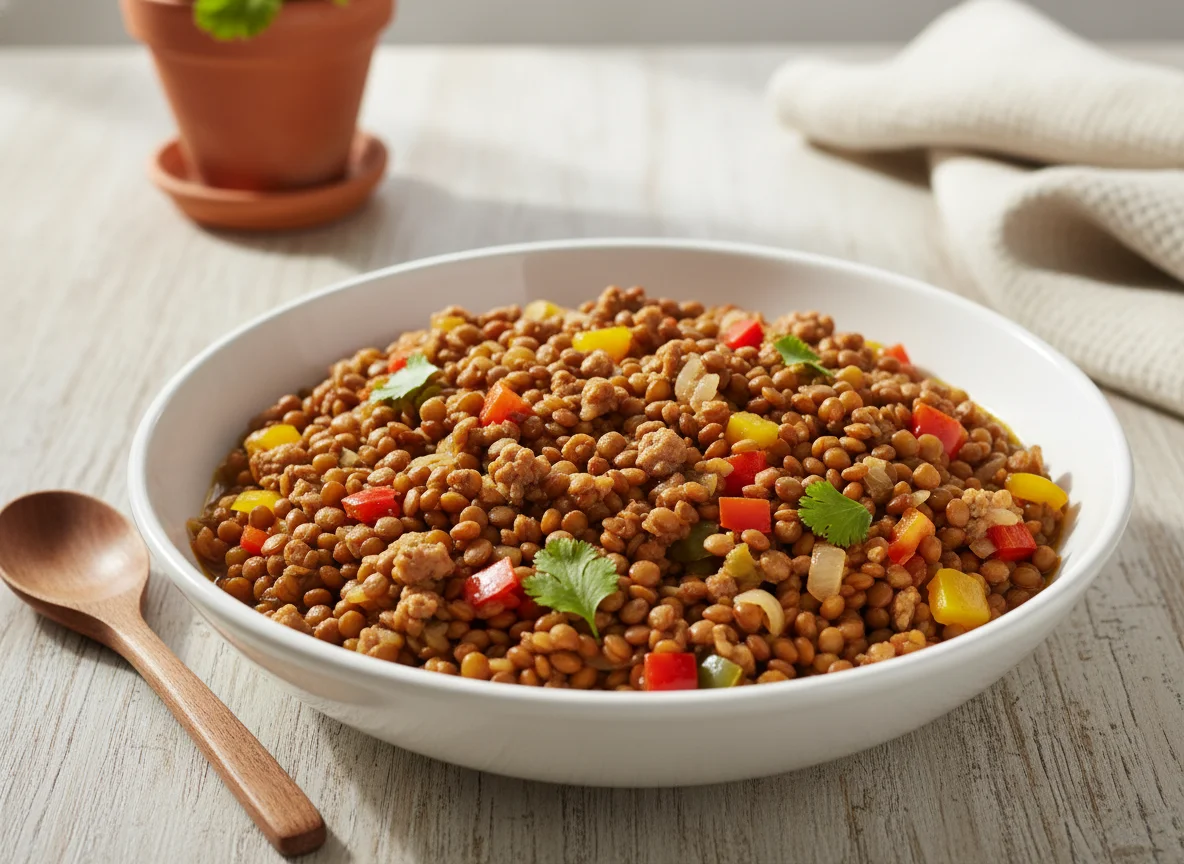 Lentejas con carne picada y verduras photo