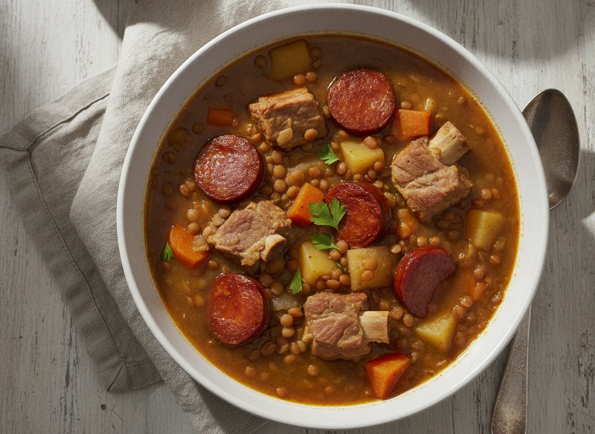 Lentejas con chorizo y costilla photo