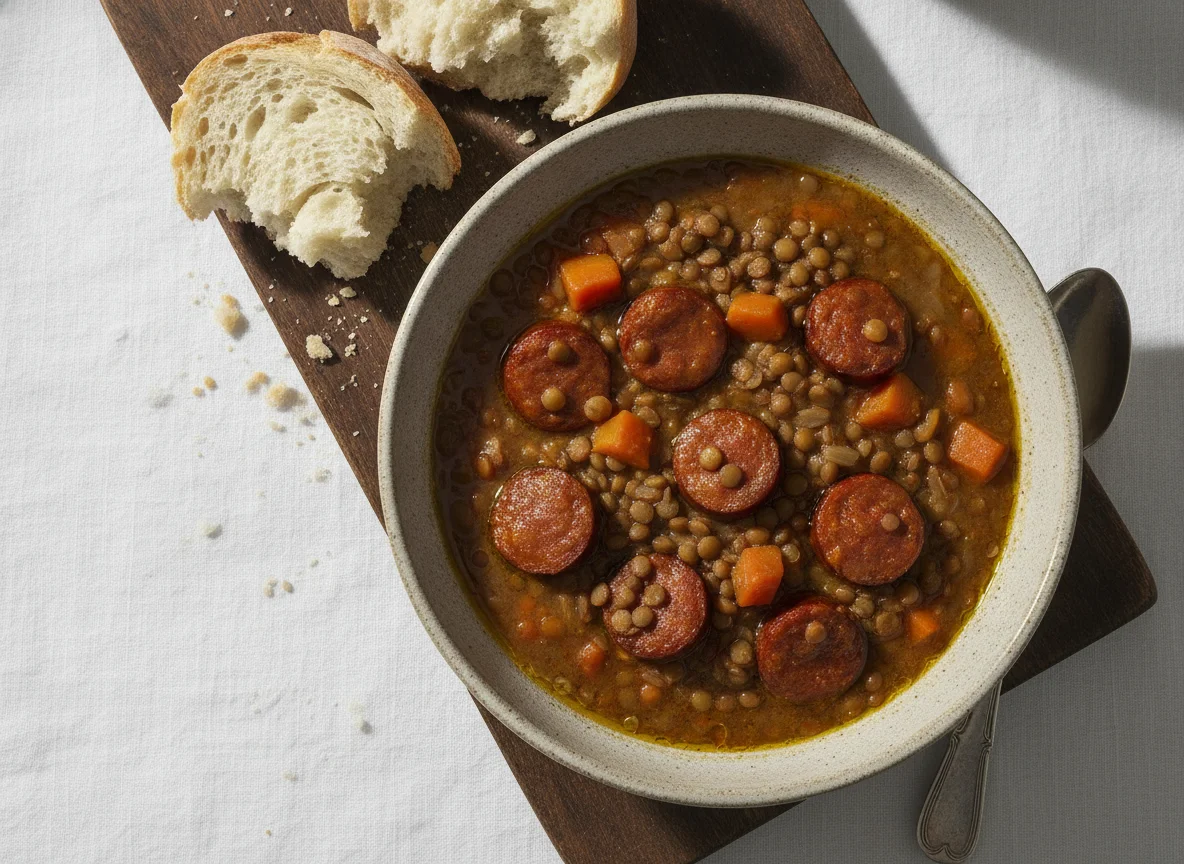 Lentejas con chorizo y pan photo