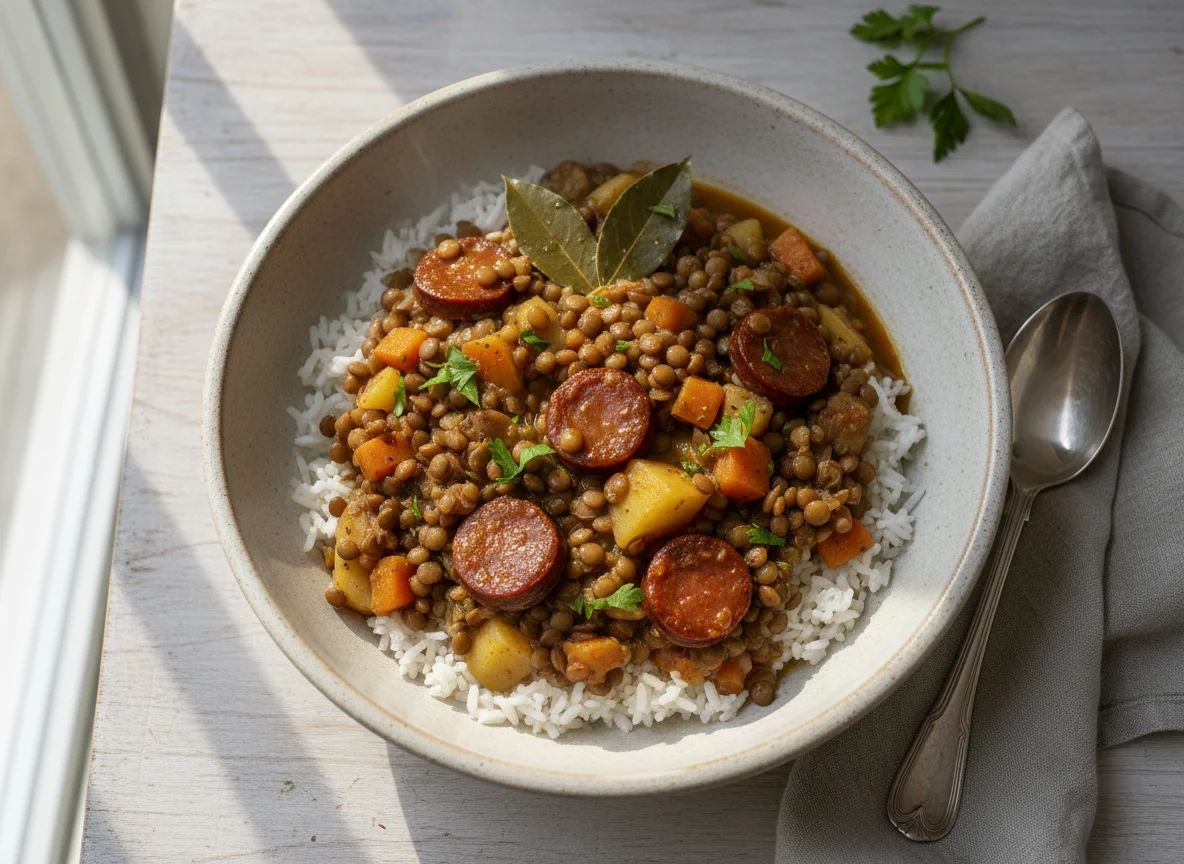 Lentejas con chorizo y verduras photo