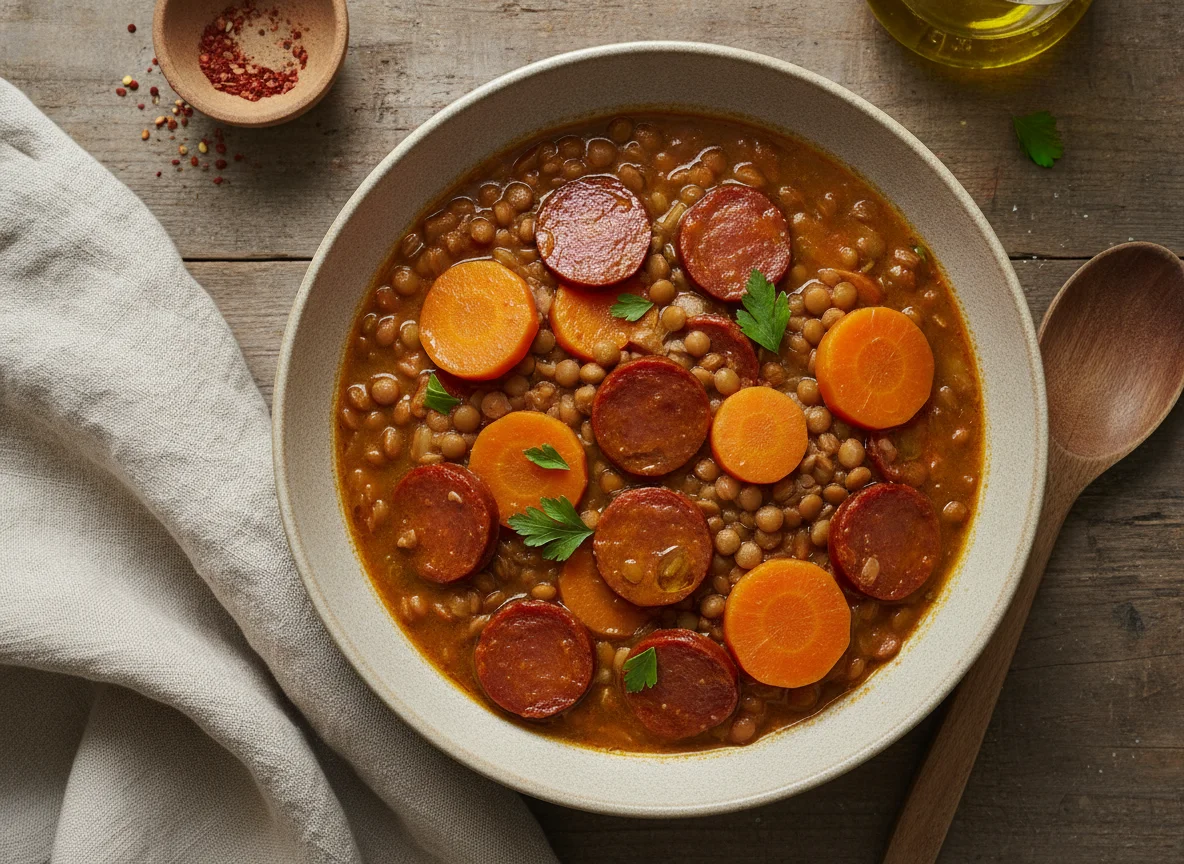 Lentejas con chorizo y zanahoria photo