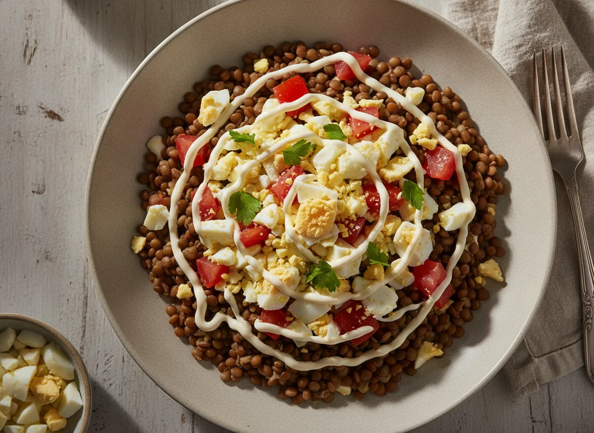 Lentejas con ensalada de huevo y tomate photo