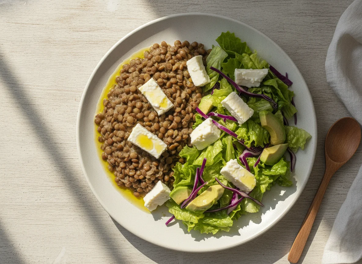 Lentejas con ensalada mixta y queso fresco photo
