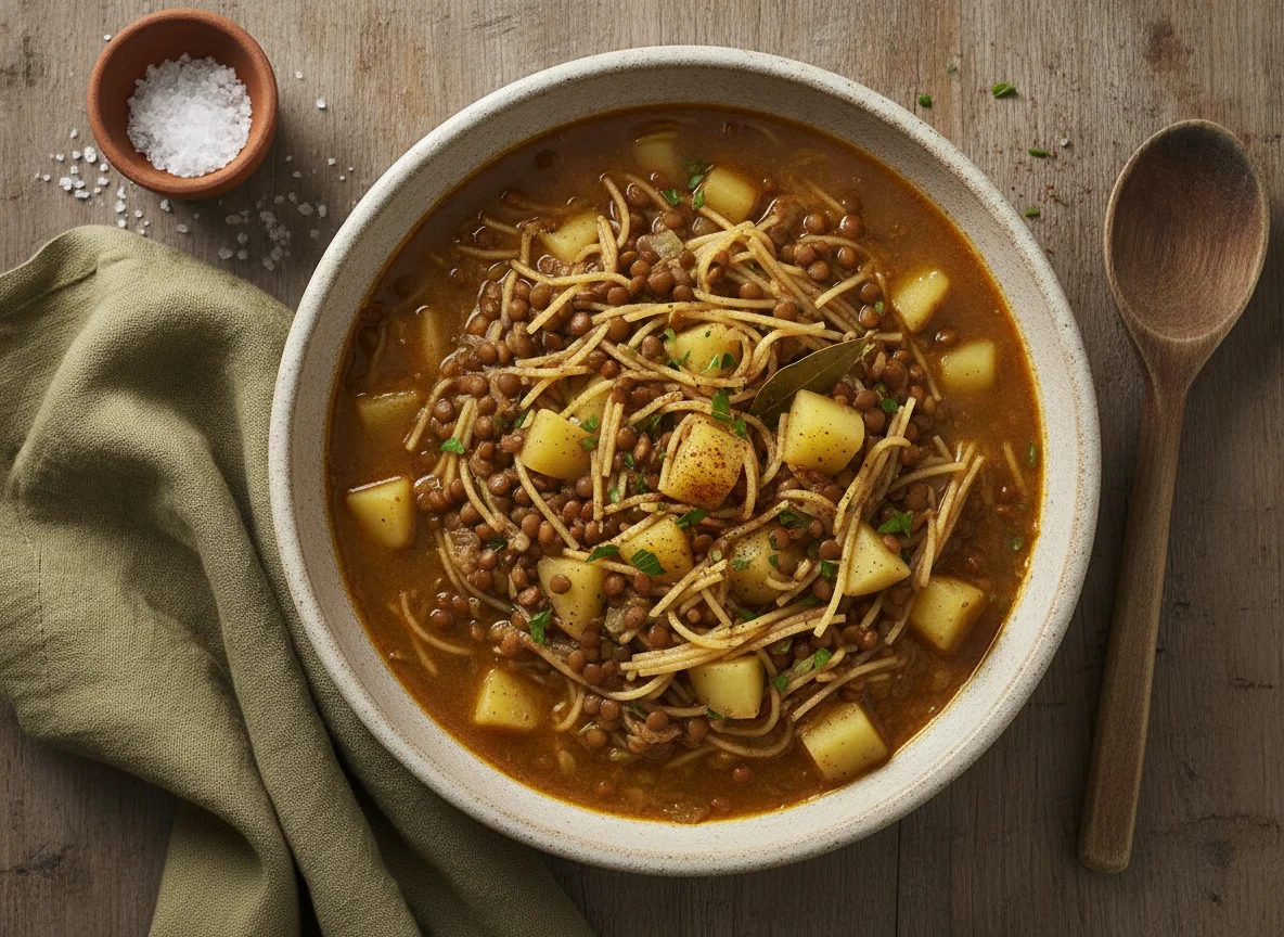Lentejas con fideos y papas photo