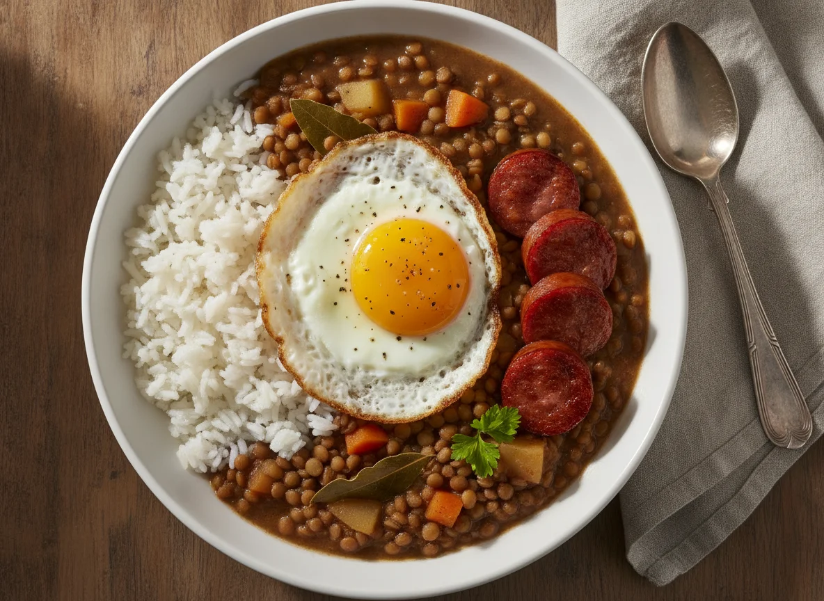 Lentejas con huevo frito y longaniza photo