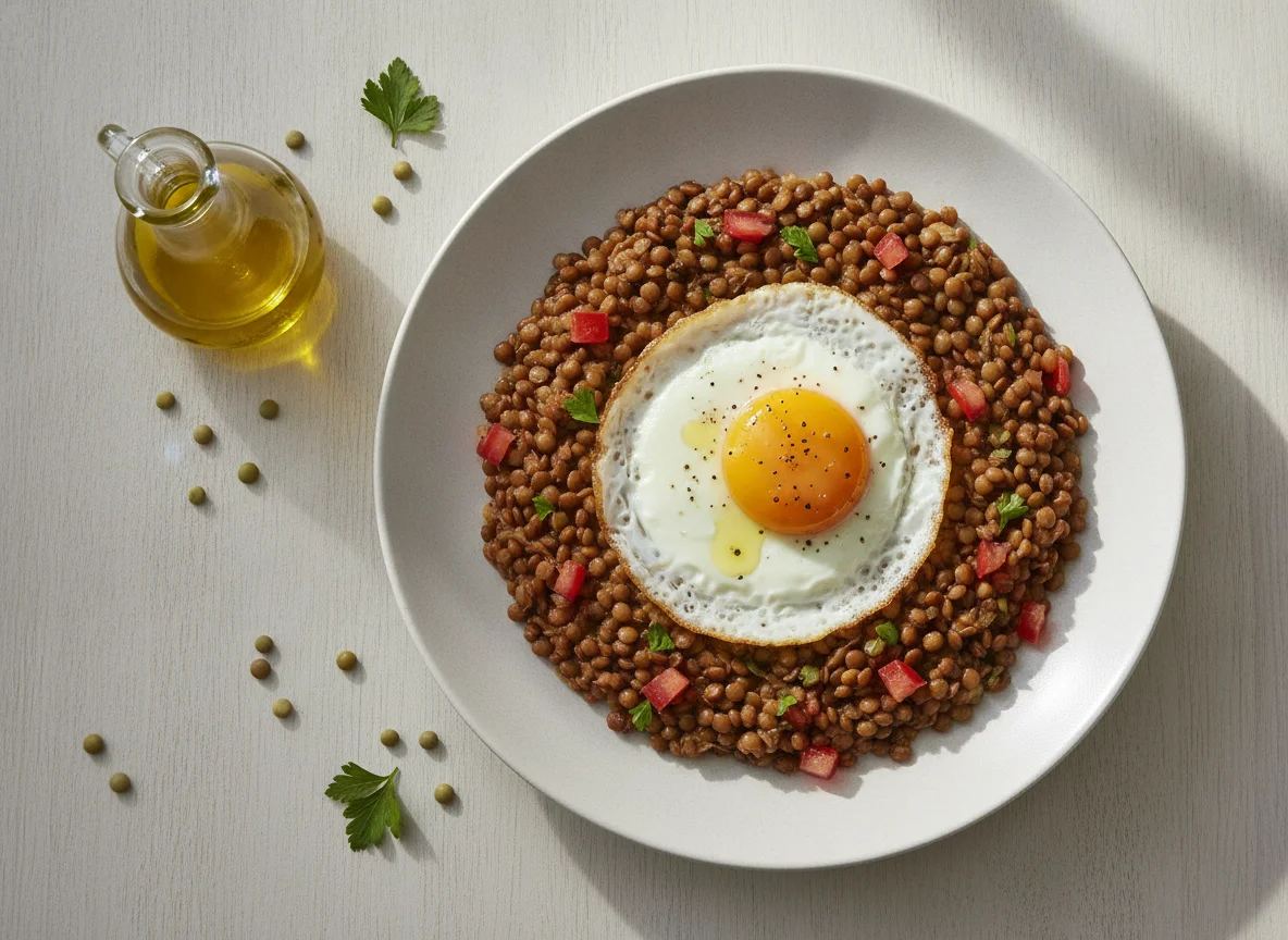 Lentejas con huevo frito y tomate photo