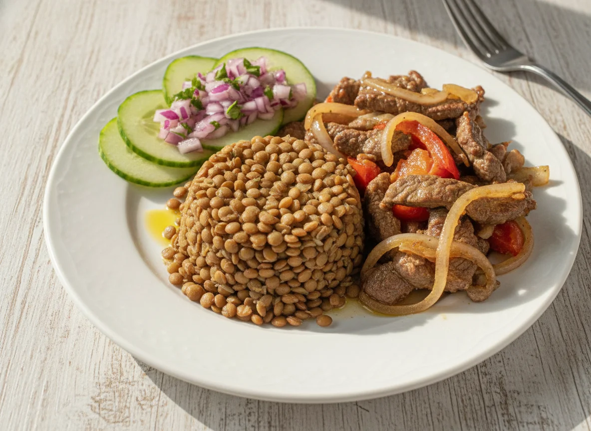 Lentejas con Lomo Saltado y Ensalada photo