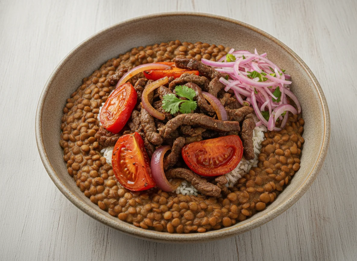 Lentejas con Lomo Saltado y Salsa Criolla photo
