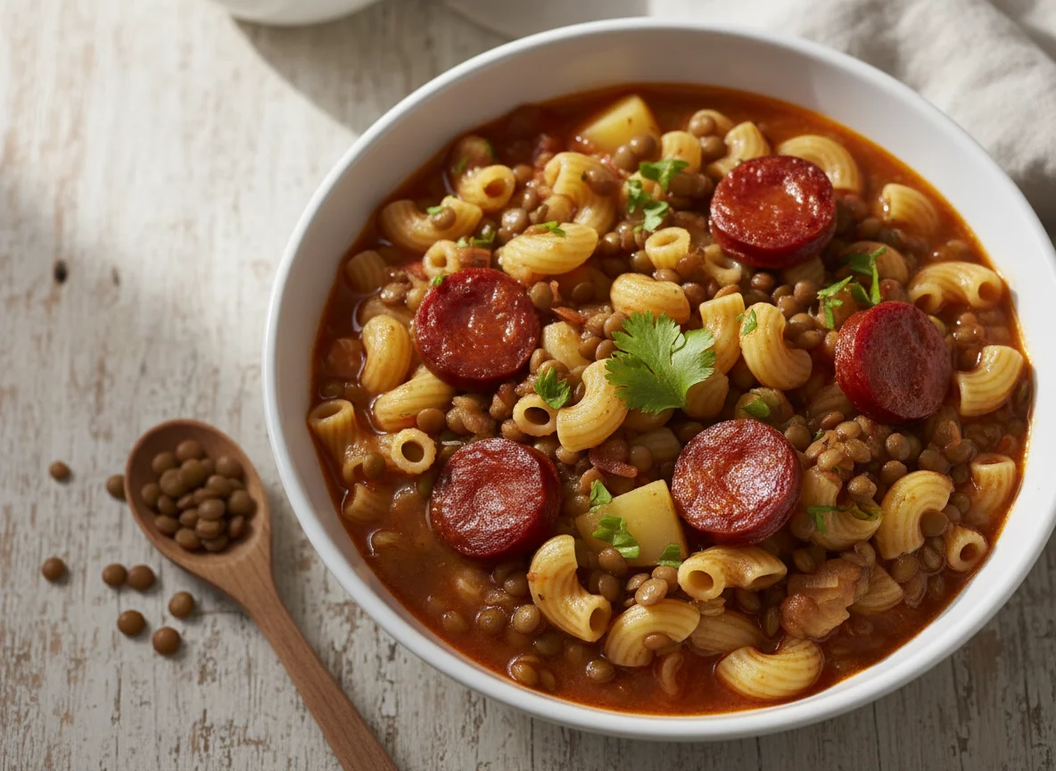 Lentejas con pasta y chorizo photo