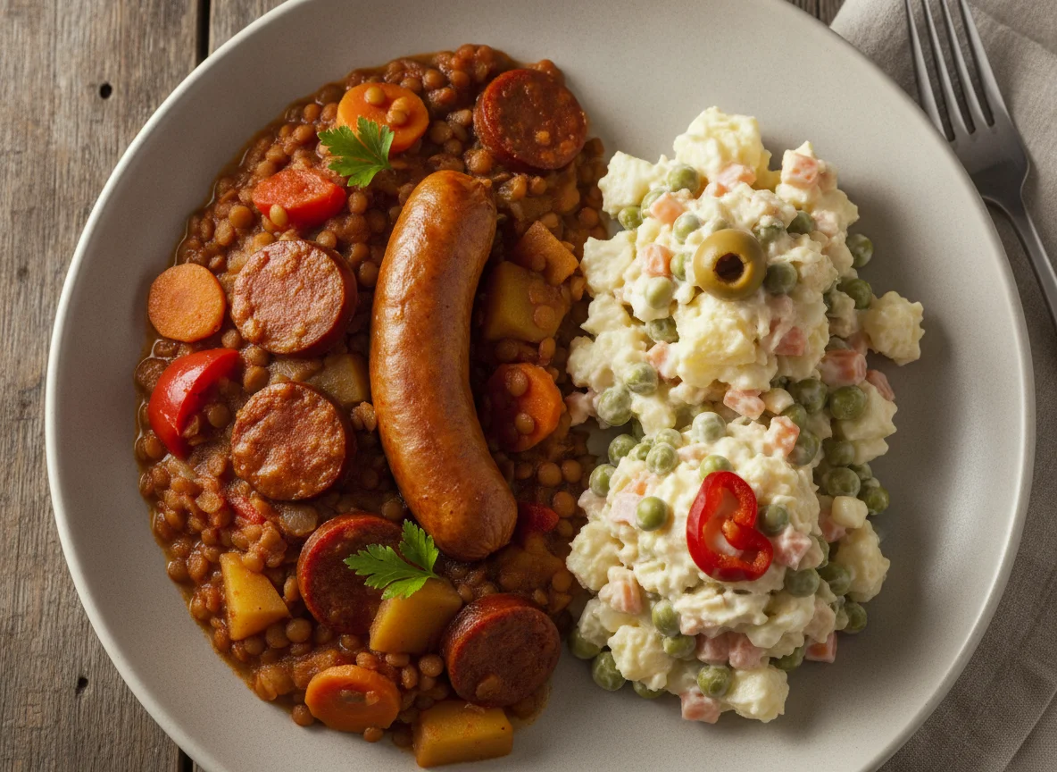 Lentejas con salchicha y ensaladilla rusa photo