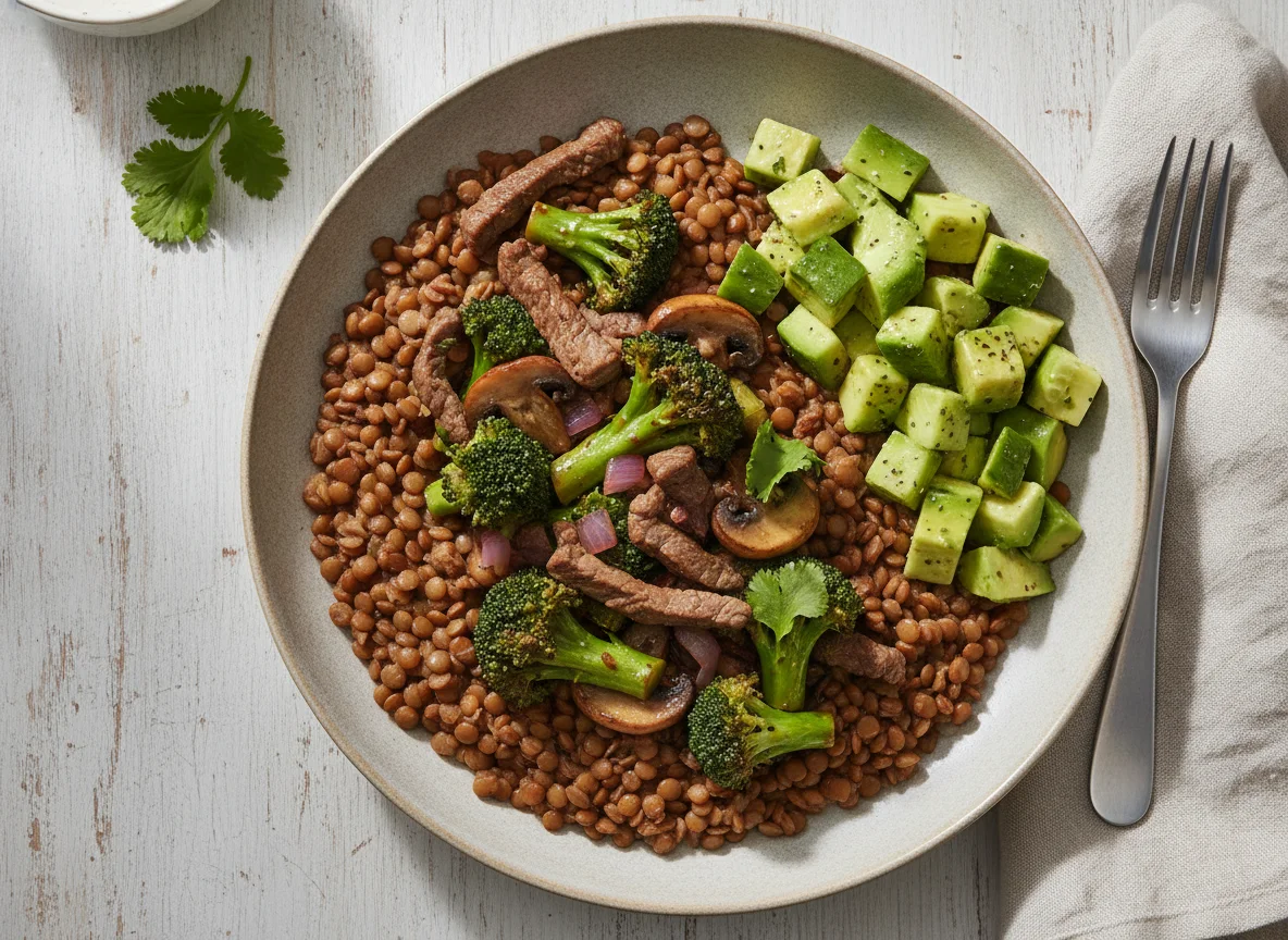 Lentejas con salteado de carne, brócoli y ensalada de aguacate photo