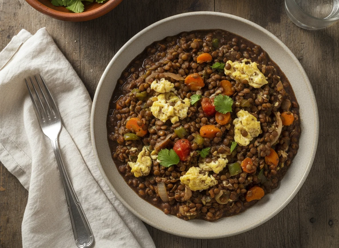 Lentejas con verduras y huevo en salsa de frijol photo