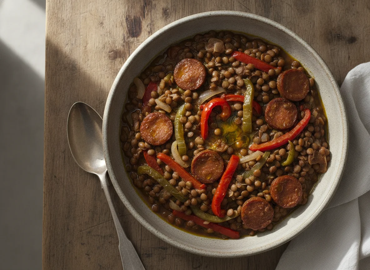 Lentejas estofadas con chorizo y verduras photo