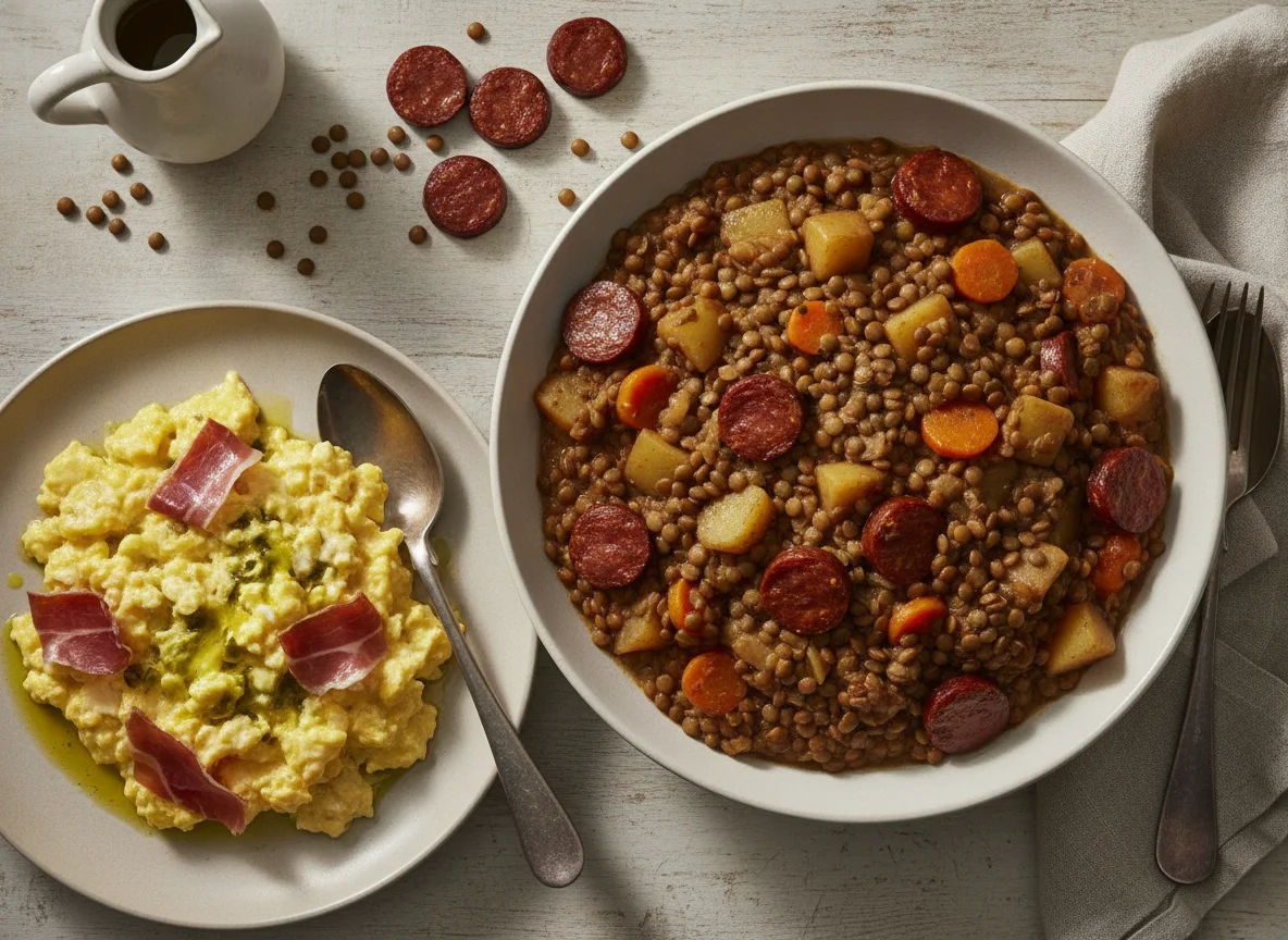 Lentejas estofadas y revuelto de huevos con jamón photo