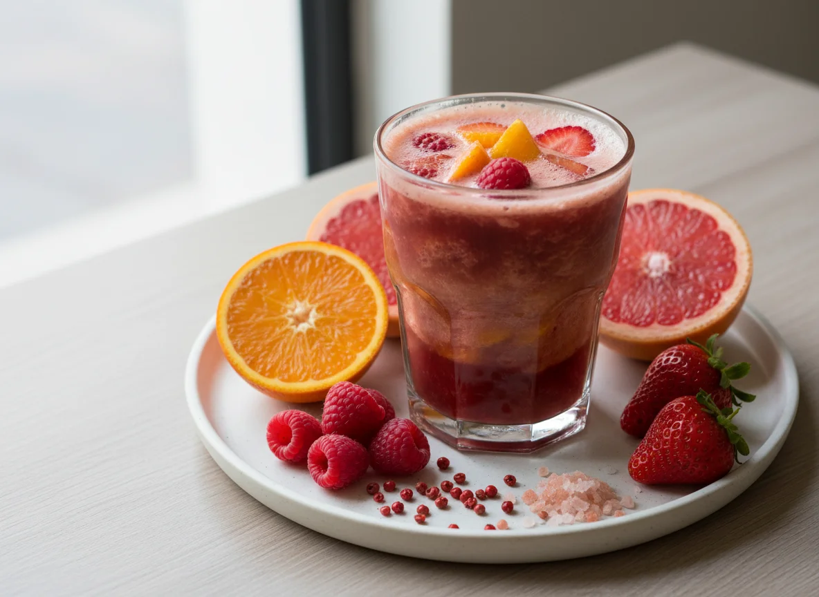 Licuado de Naranja, Pomelo, Frambuesa y Frutilla photo