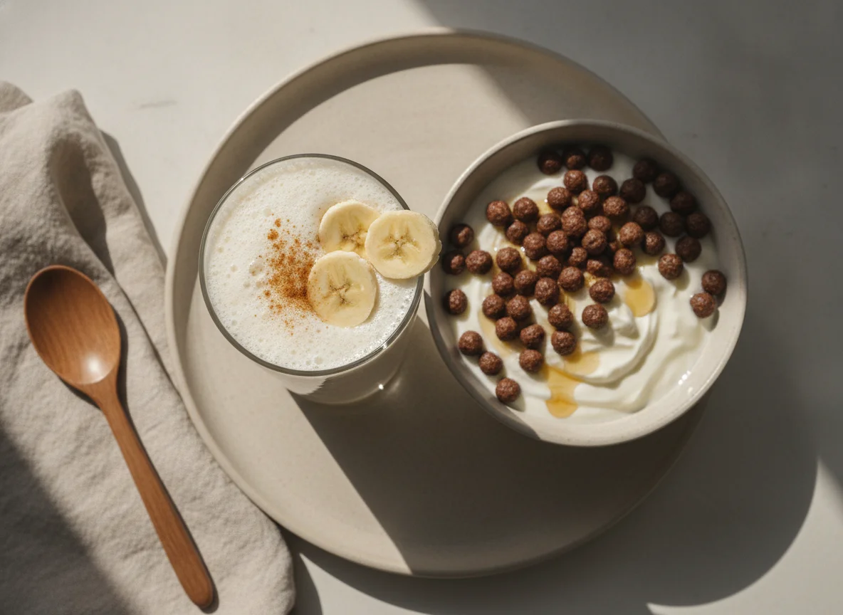Licuado de proteína con avena y banana acompañado de yogur con cereales photo
