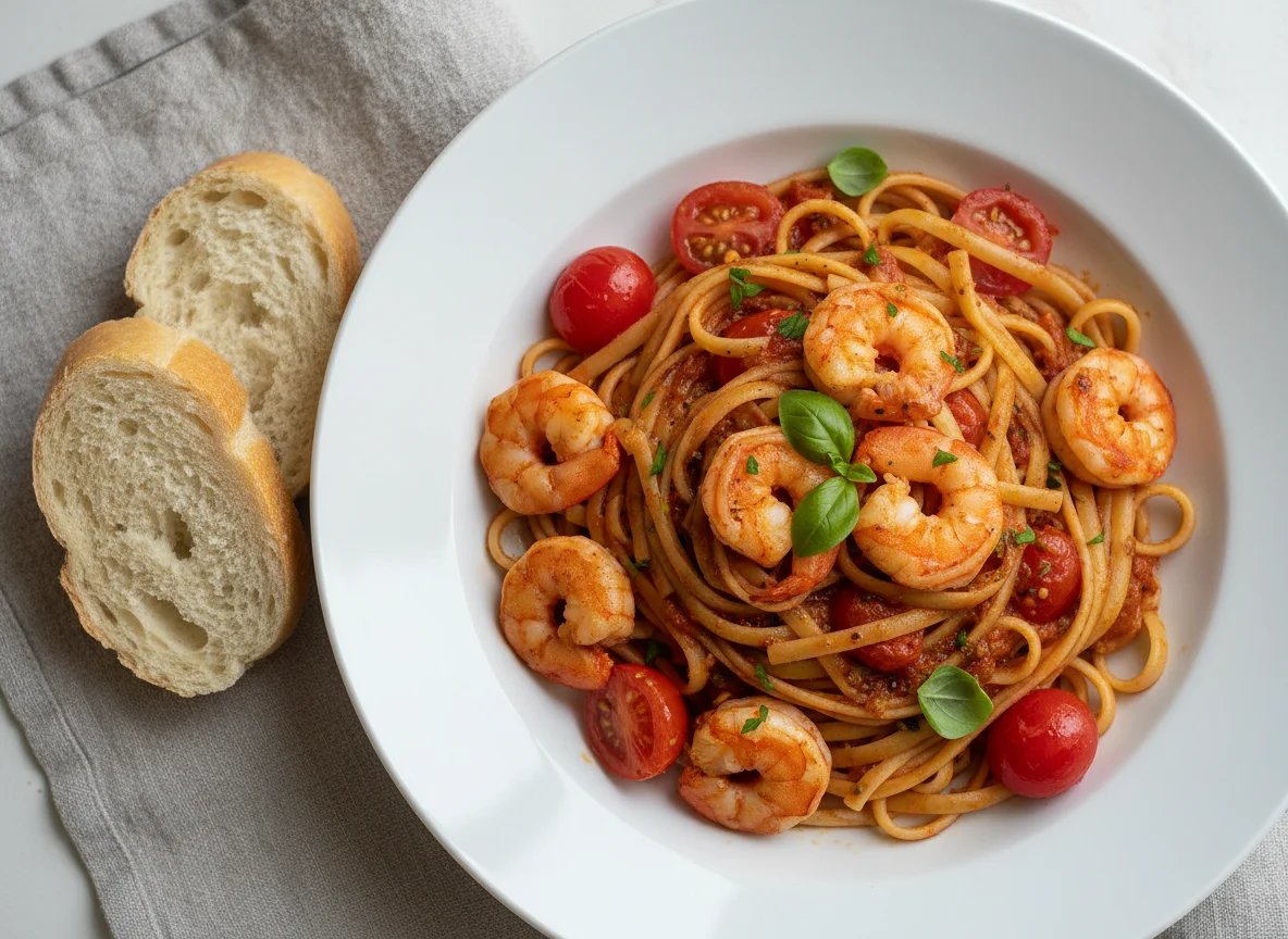 Linguine con gambas y tomate photo