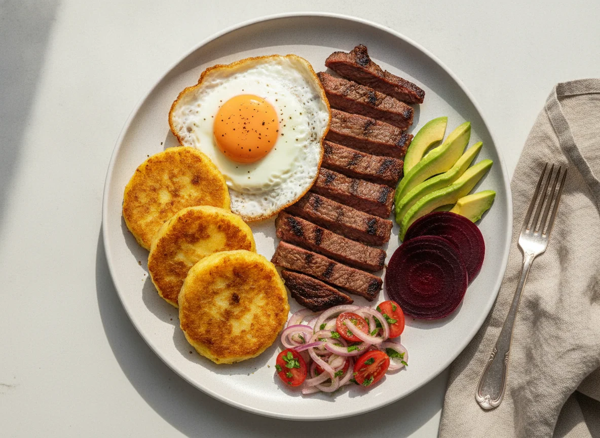 Llapingachos con carne asada y huevo photo