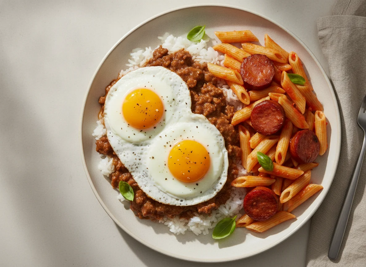 Loco Moco y Pasta Penne con Salchicha photo