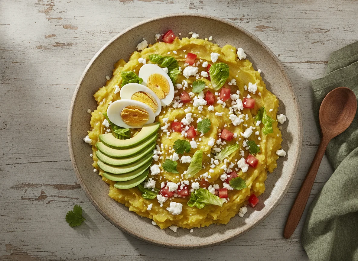 Locro de papa seco con huevo y aguacate photo