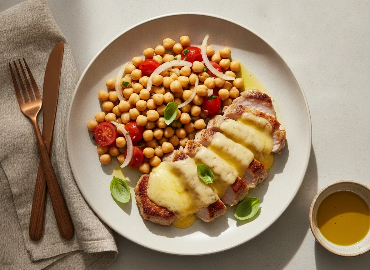 Lomo con queso y ensalada de garbanzos photo