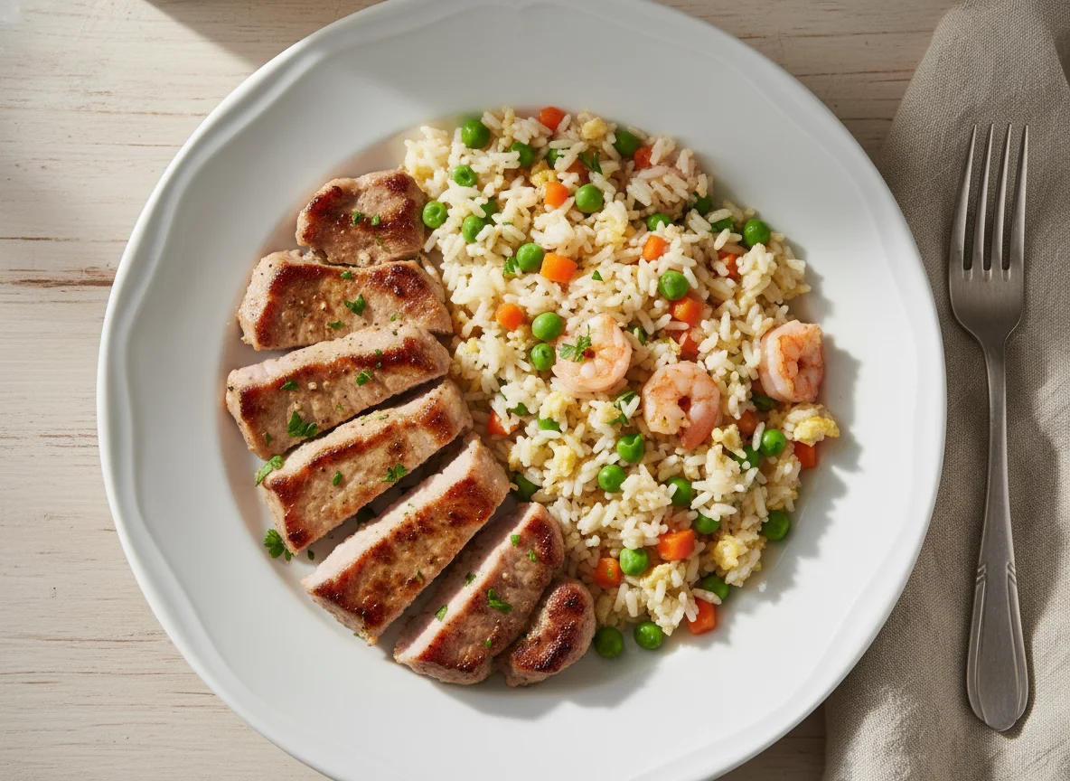 Lomo de cerdo a la plancha con arroz tres delicias photo