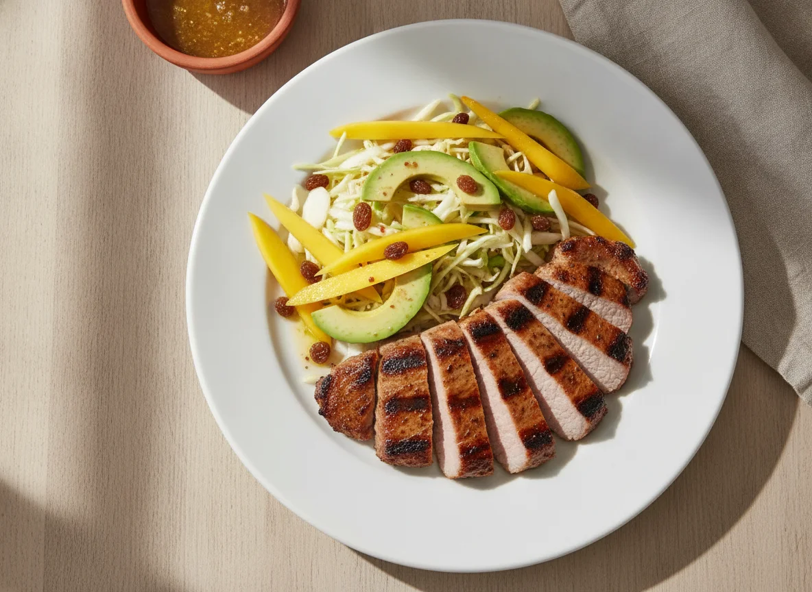 Lomo de cerdo a la plancha con ensalada de mango y aguacate photo