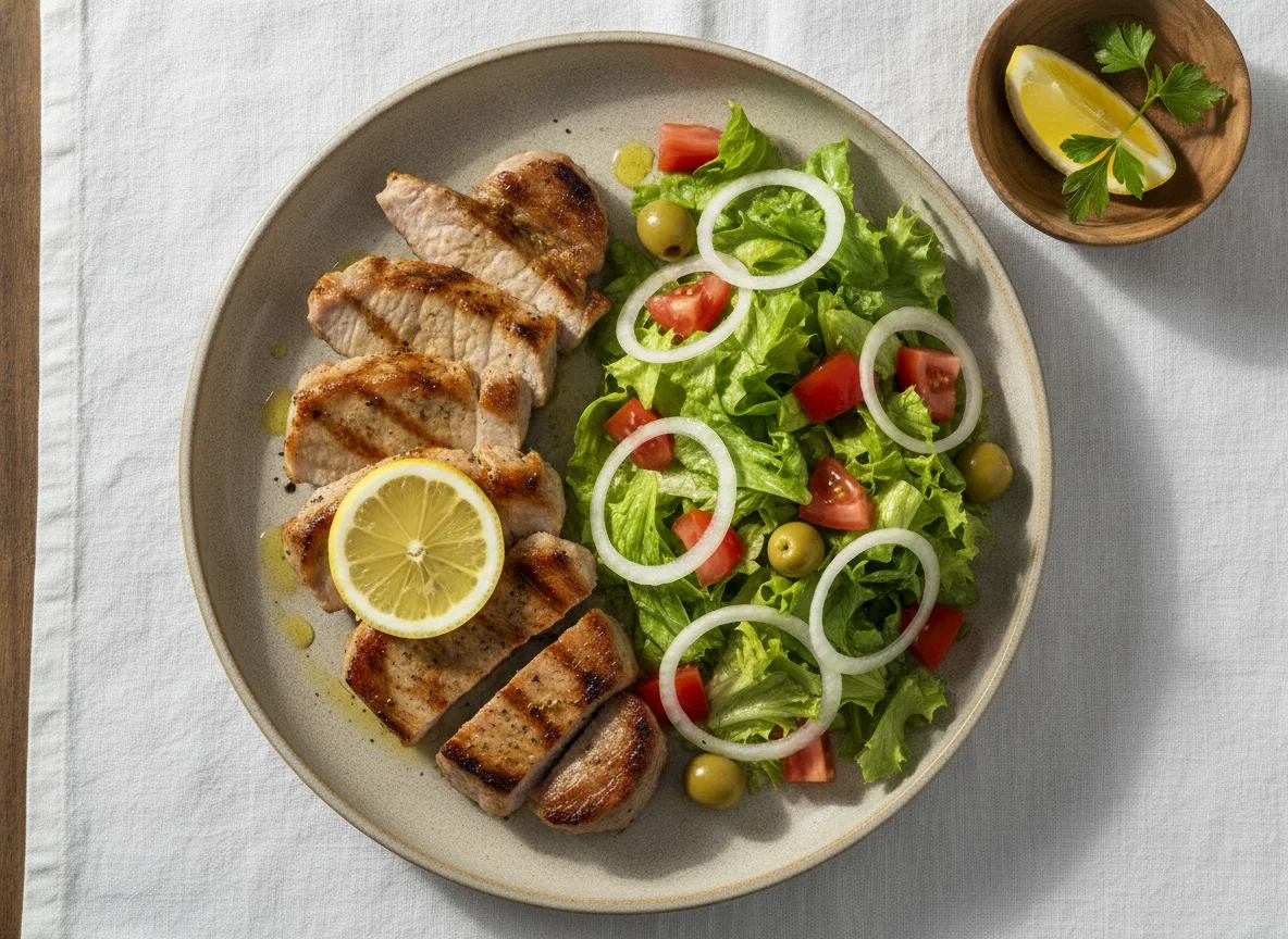 Lomo de cerdo a la plancha con ensalada fresca photo