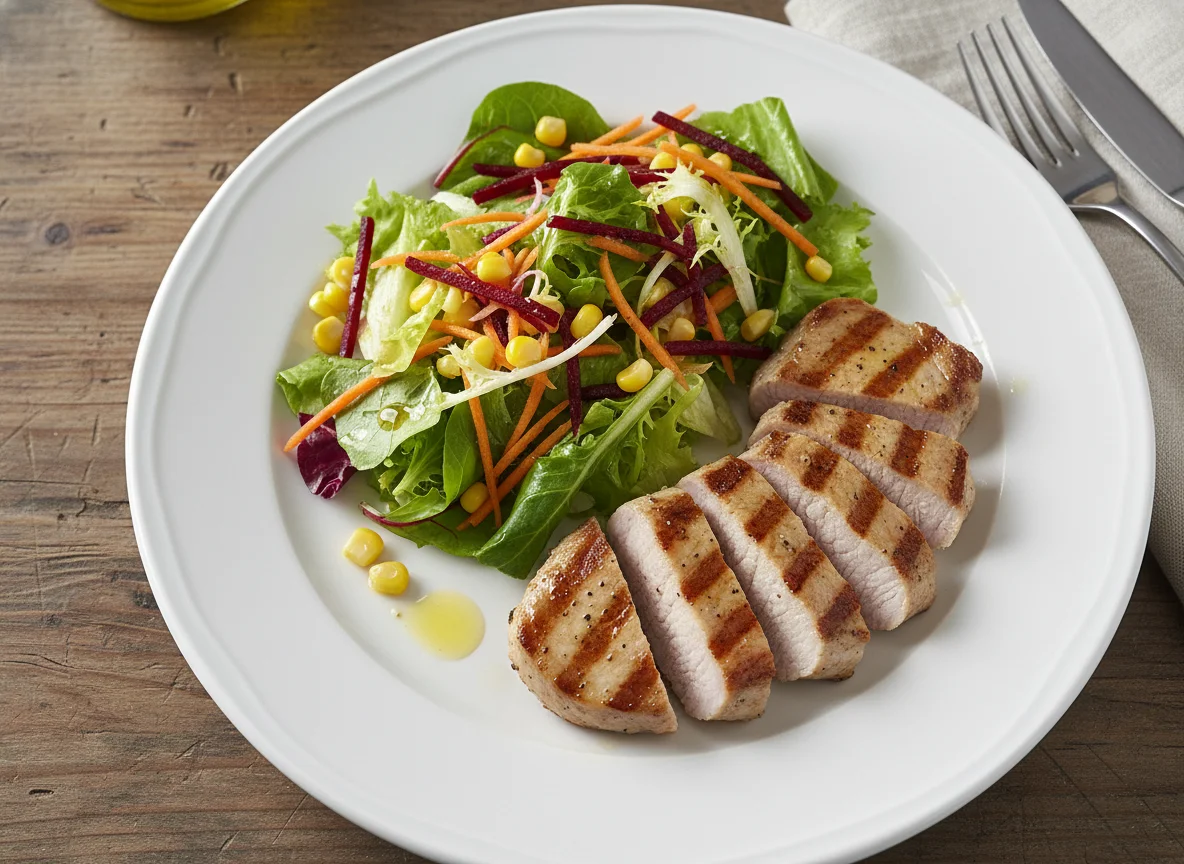 Lomo de cerdo a la plancha con ensalada variada photo