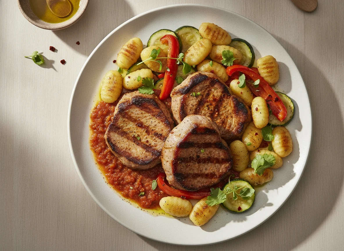 Lomo de cerdo a la plancha con gnocchi y verduras photo