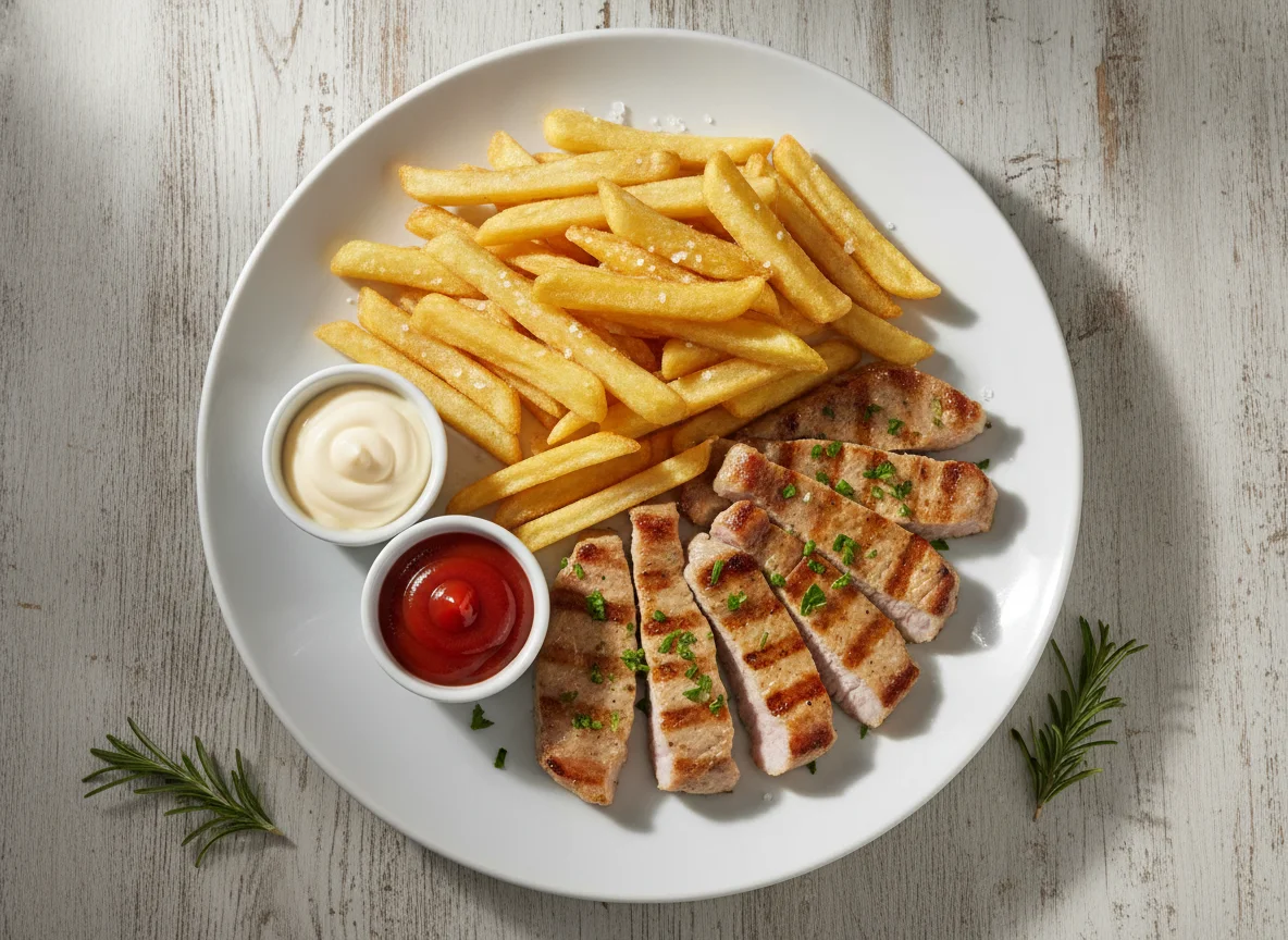 Lomo de cerdo a la plancha con patatas fritas y salsas photo