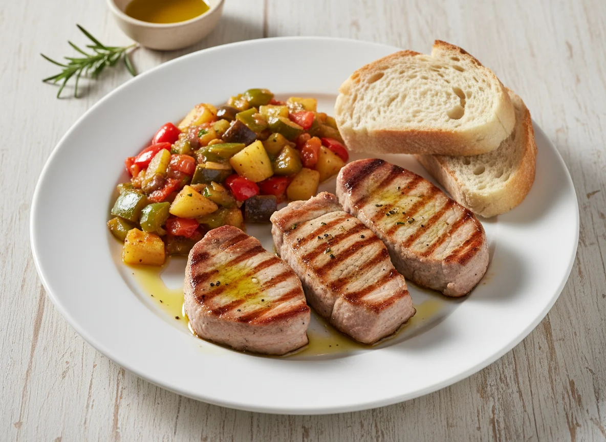 Lomo de cerdo a la plancha con pisto y pan photo