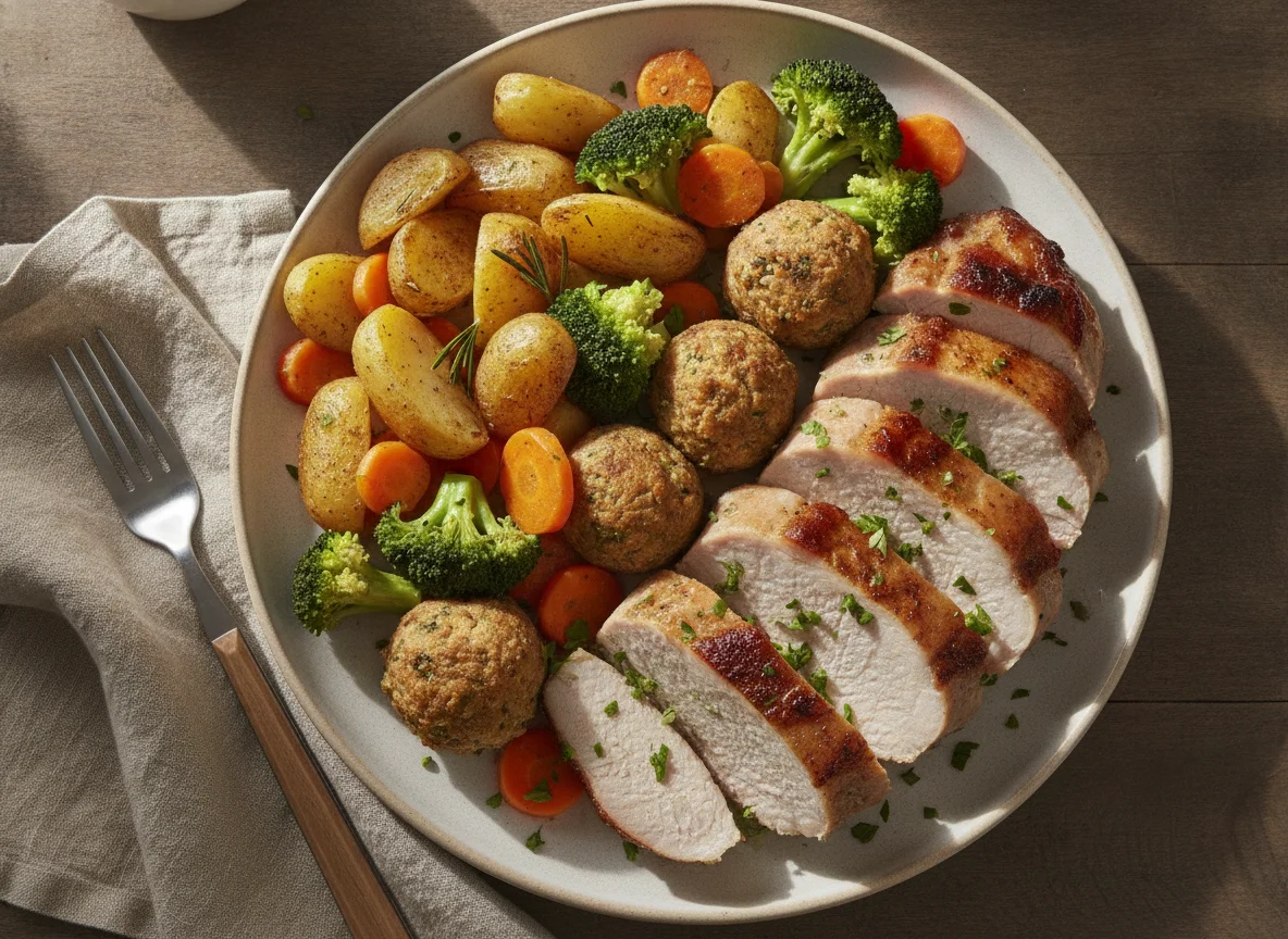 Lomo de cerdo asado con patatas, brócoli, zanahorias y albóndigas de relleno photo