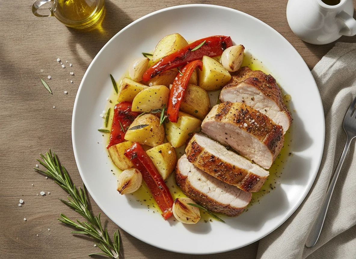 Lomo de cerdo asado con patatas y verduras photo