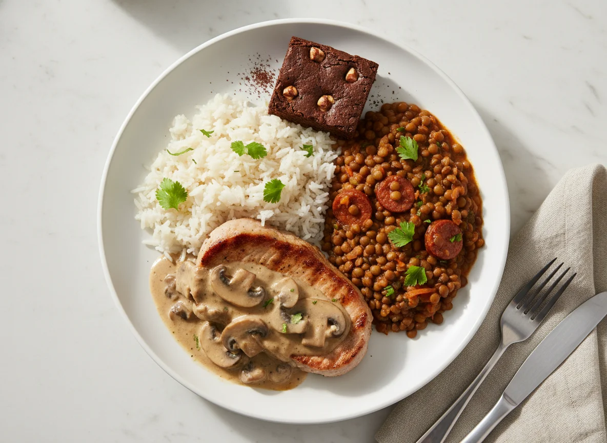 Lomo de cerdo con arroz, lentejas y brownie photo