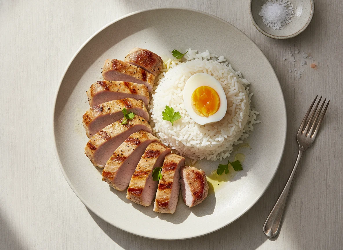 Lomo de cerdo con arroz y huevo cocido photo